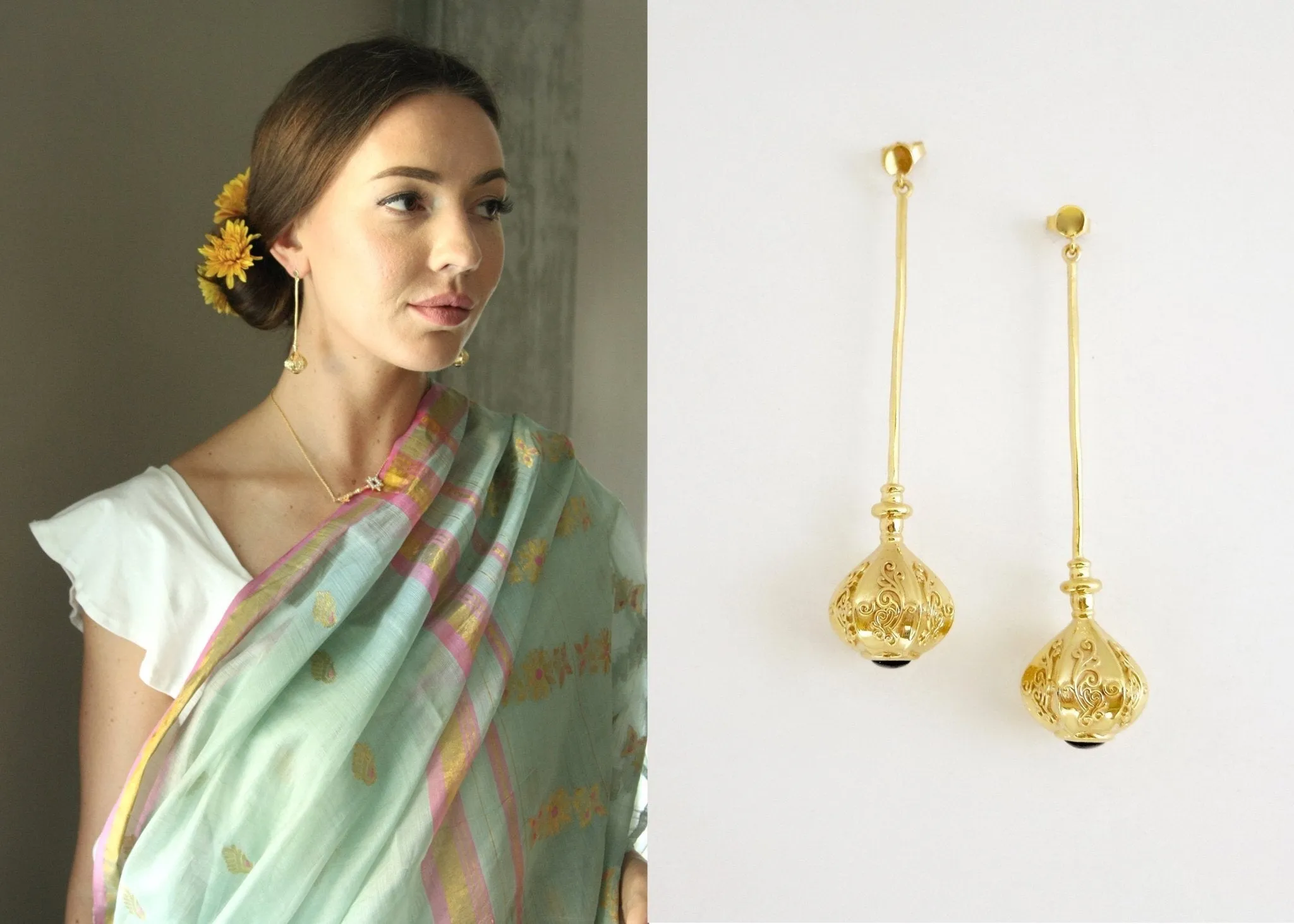 Elegant, stylish, gold plated long earrings with filigree work and garnet accent