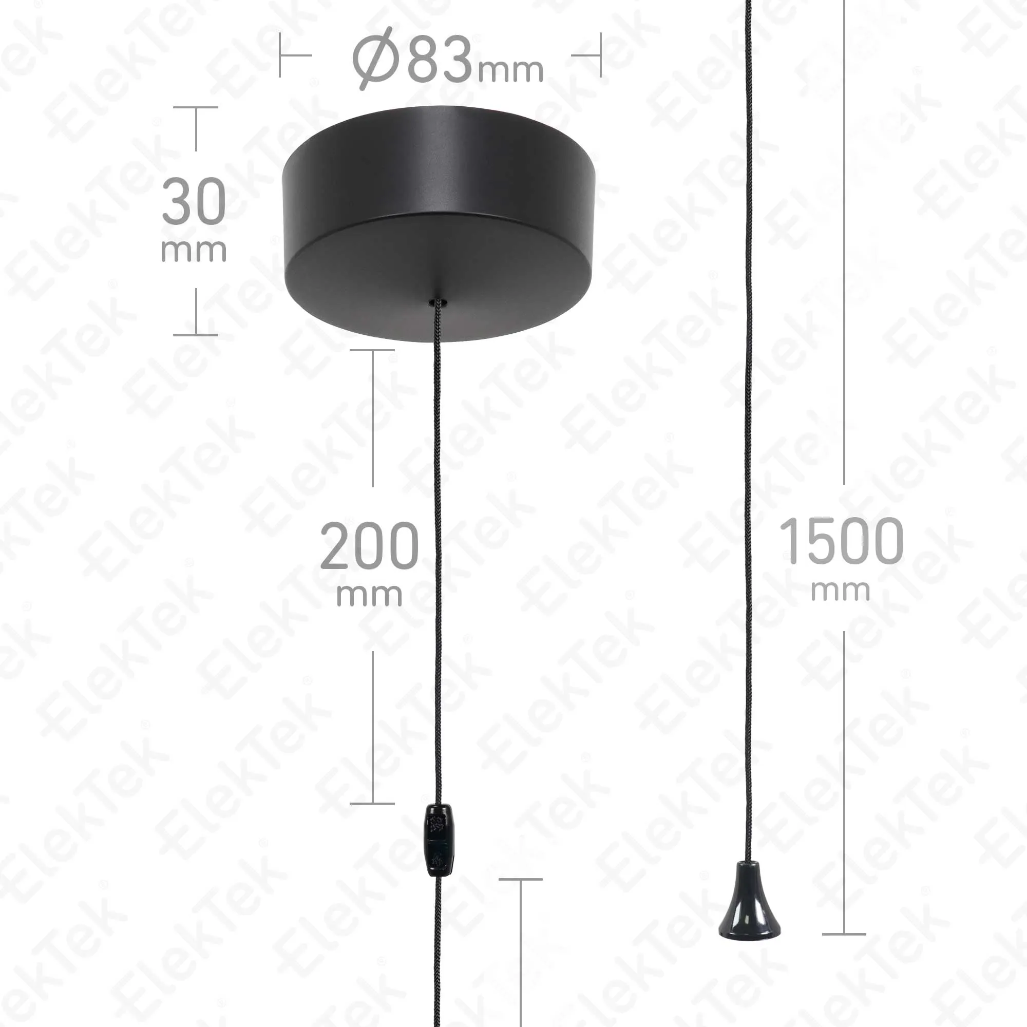 ElekTek Light Pull Cord Switch Ideal for Bathroom Ceiling with Metal Plated Cover (Matt Black - Thermoplastic)