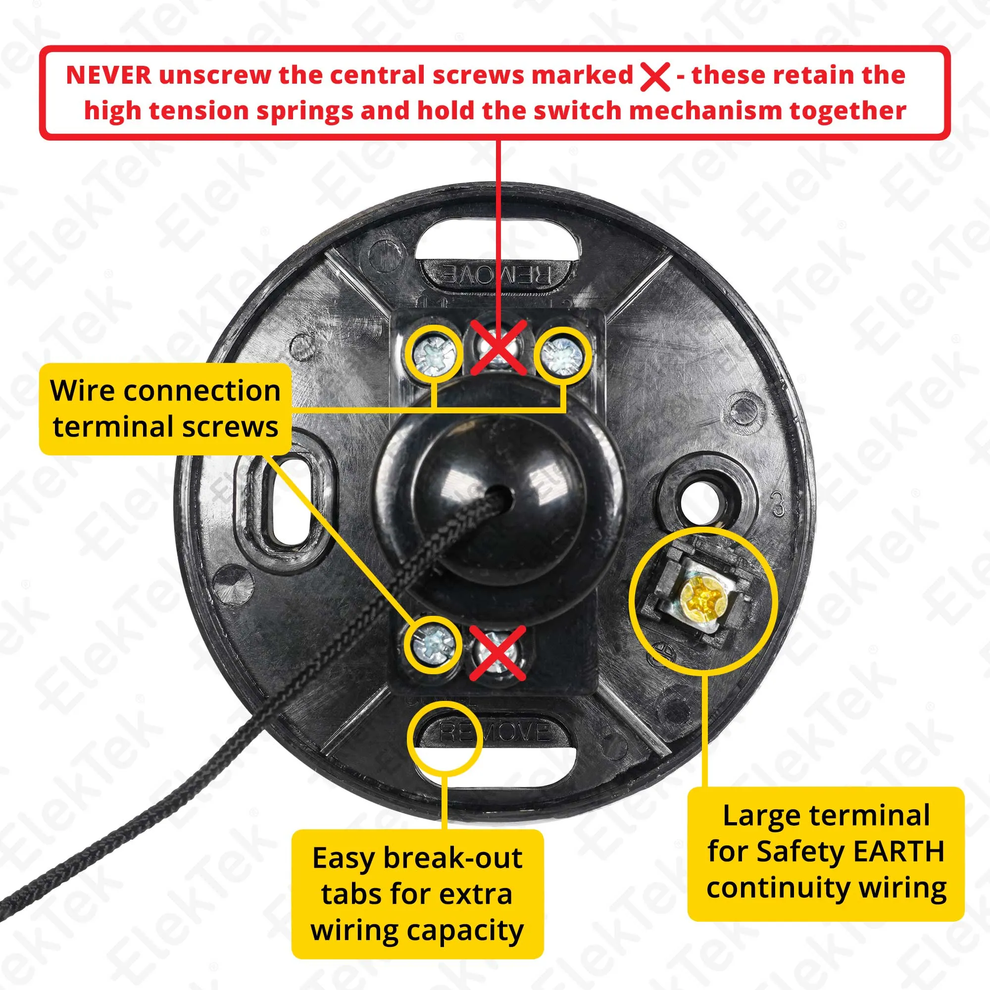 ElekTek Light Pull Cord Switch Ideal for Bathroom Ceiling with Metal Plated Cover (Matt Black - Thermoplastic)