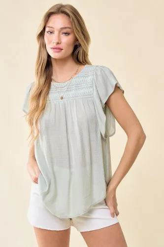 Embroidered Smocked Woven Top
