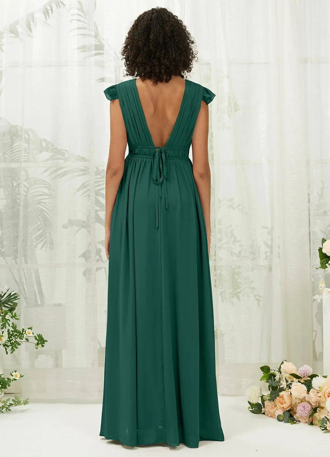 Emerald Green Cap Sleeves Pleated V-Neck Chiffon Maxi Bridesmaid Dress