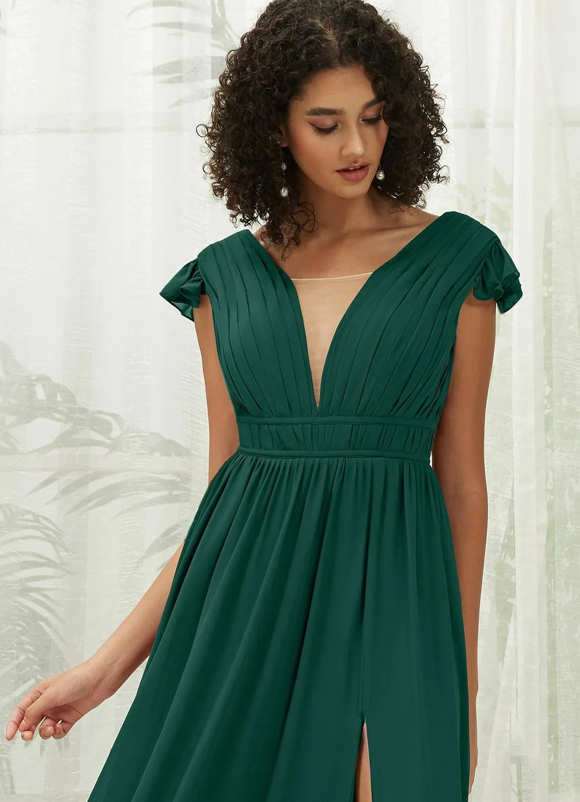 Emerald Green Cap Sleeves Pleated V-Neck Chiffon Maxi Bridesmaid Dress