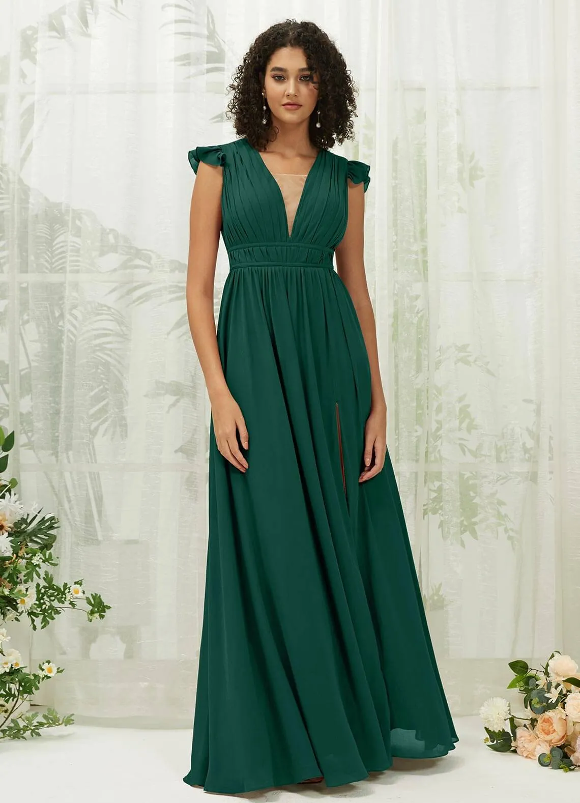 Emerald Green Cap Sleeves Pleated V-Neck Chiffon Maxi Bridesmaid Dress