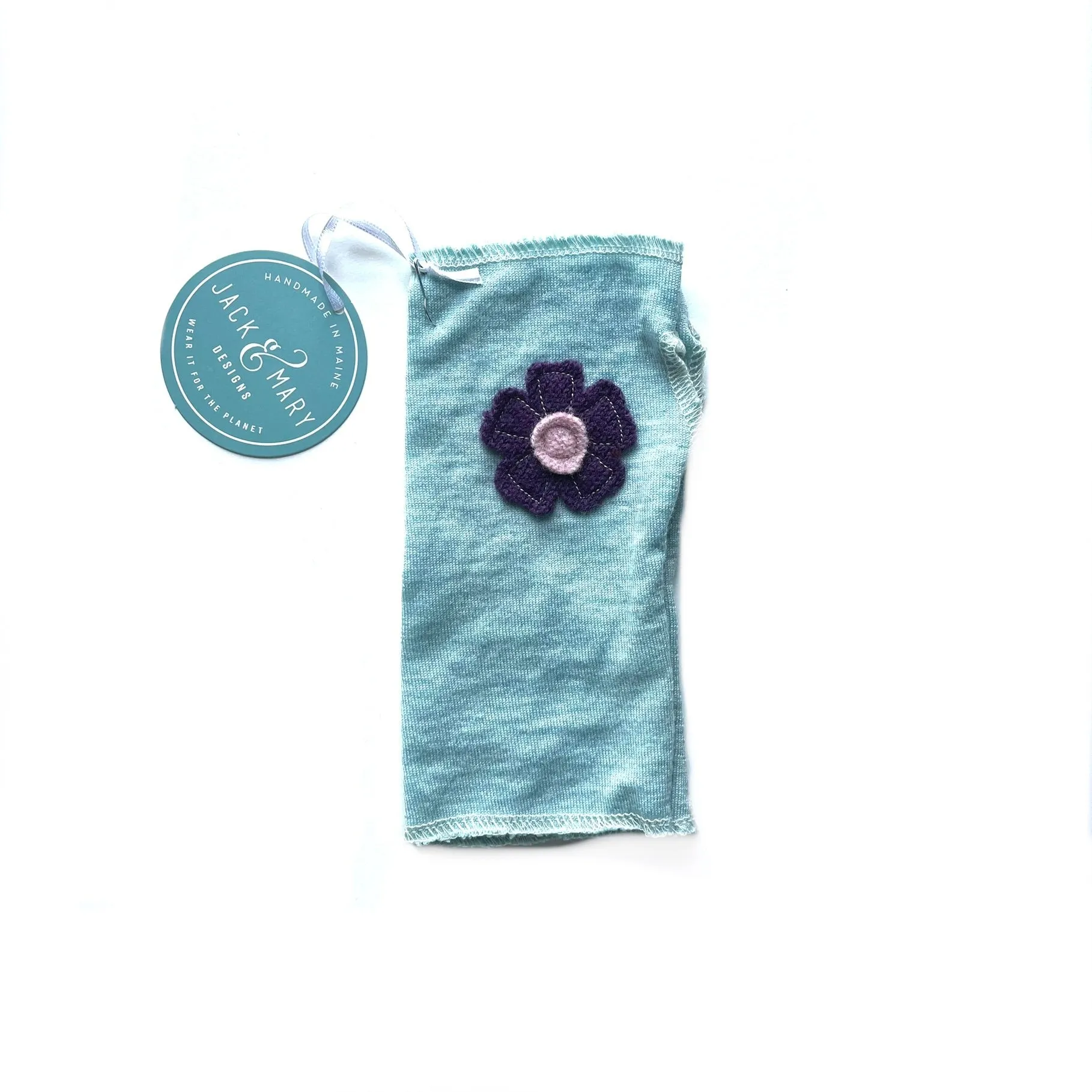 Fingerless Mittens Turqoise with Purple Flower 001