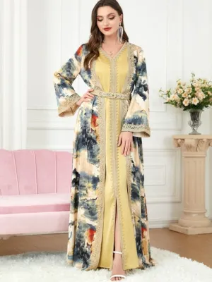 Floral Moroccan Kaftan 2 Piece Abaya for Women