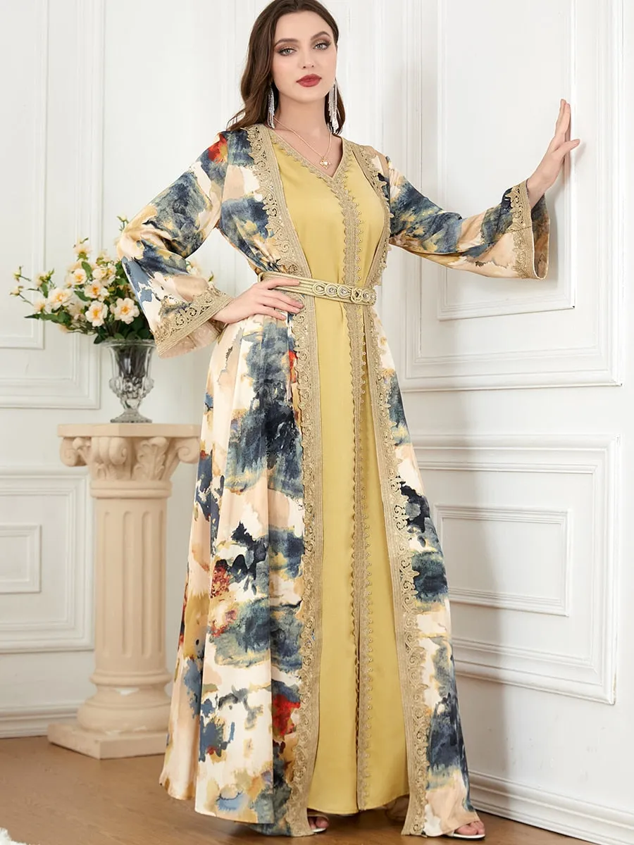 Floral Moroccan Kaftan 2 Piece Abaya for Women