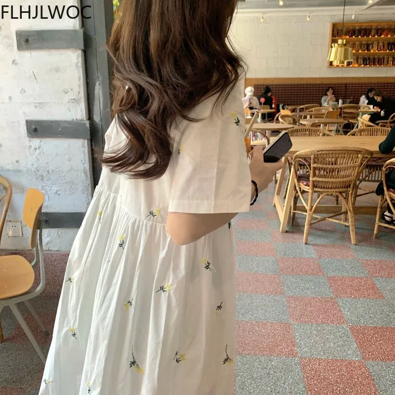 Flower Embroidery Cotton Blends Shirt Dress