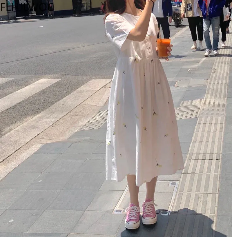 Flower Embroidery Cotton Blends Shirt Dress