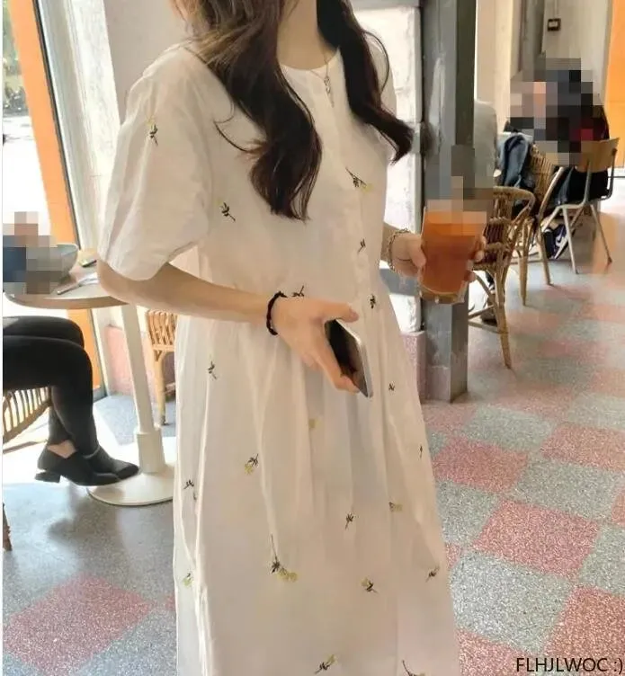 Flower Embroidery Cotton Blends Shirt Dress