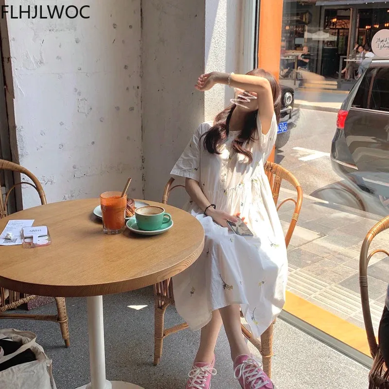 Flower Embroidery Cotton Blends Shirt Dress