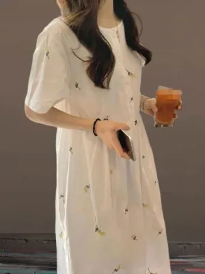 Flower Embroidery Cotton Blends Shirt Dress