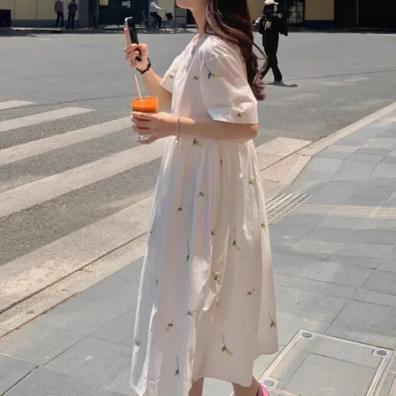 Flower Embroidery Cotton Blends Shirt Dress