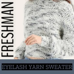 FRESHMAN Juniors' Eyelash Yarn Sweater in White with Black.