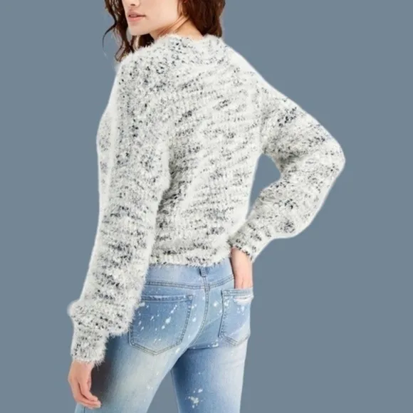 FRESHMAN Juniors' Eyelash Yarn Sweater in White with Black.