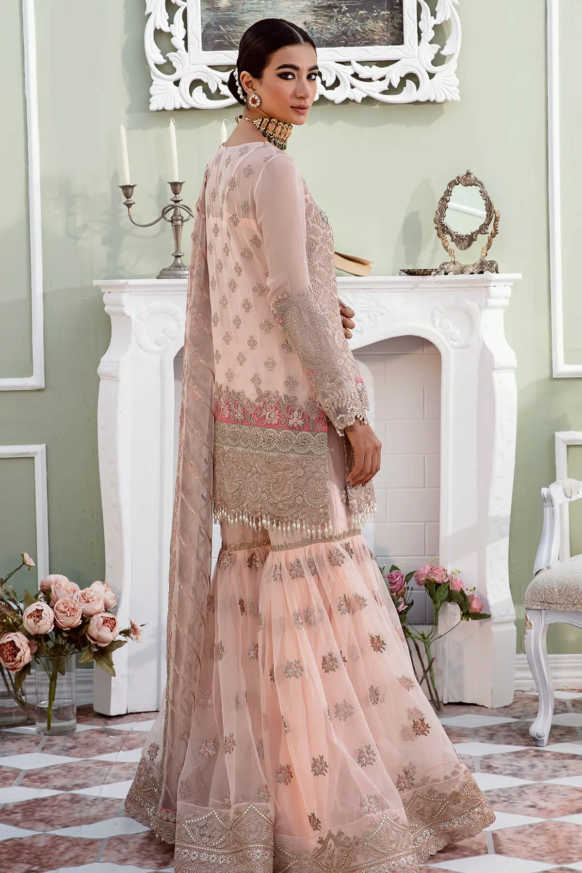 Heavily Embroidered Pakistani Wedding Dress in Kameez Sharara Style