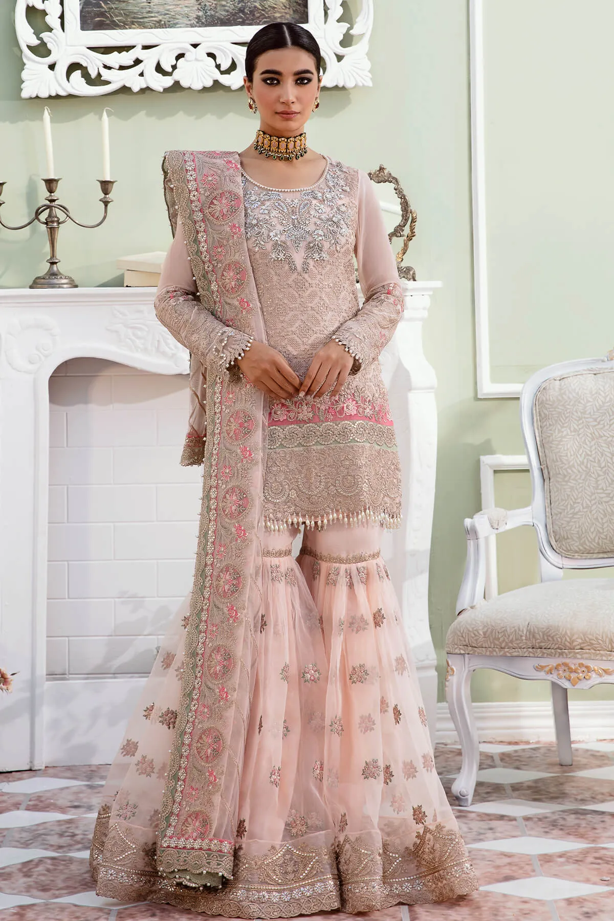 Heavily Embroidered Pakistani Wedding Dress in Kameez Sharara Style