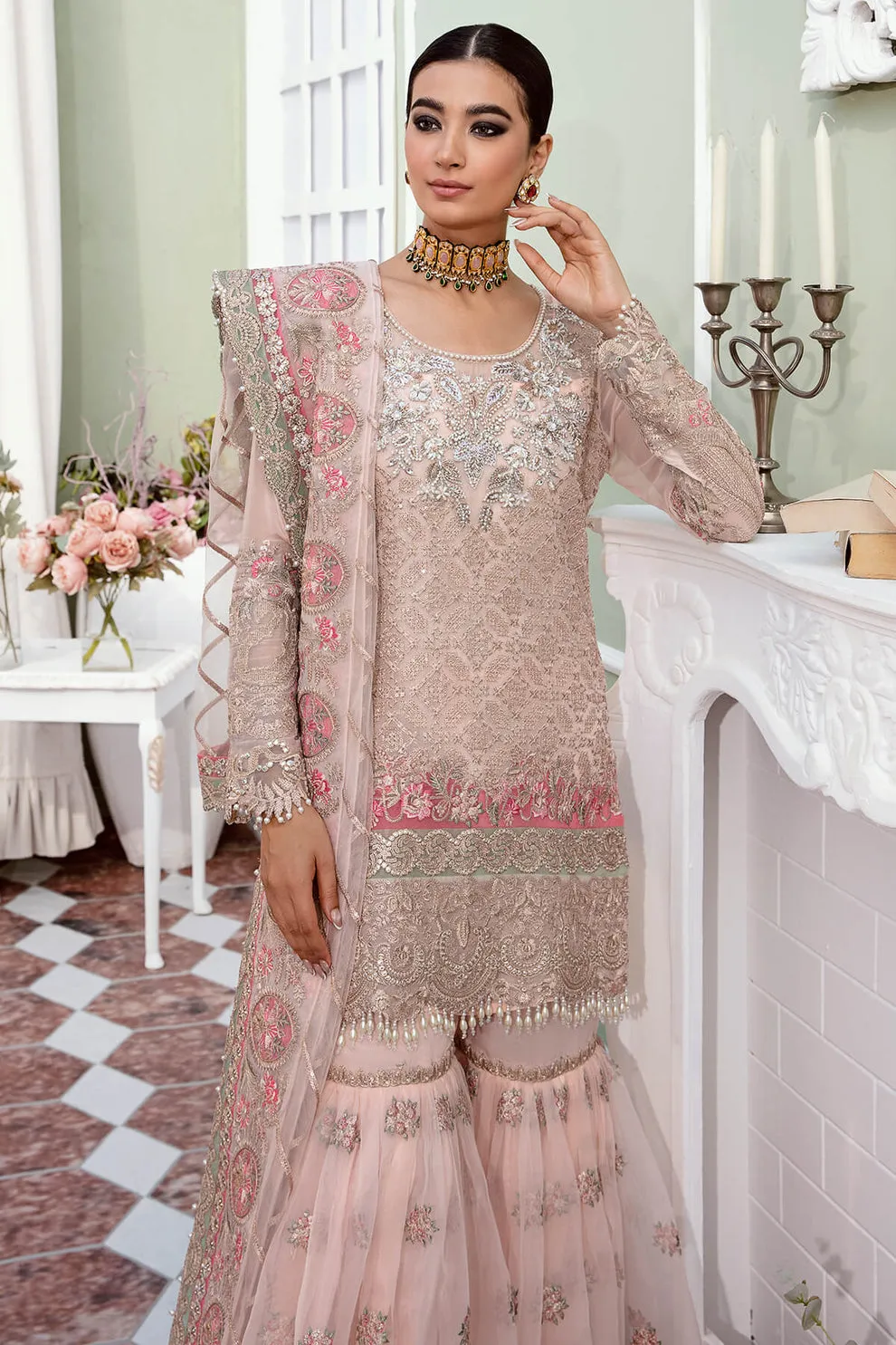 Heavily Embroidered Pakistani Wedding Dress in Kameez Sharara Style