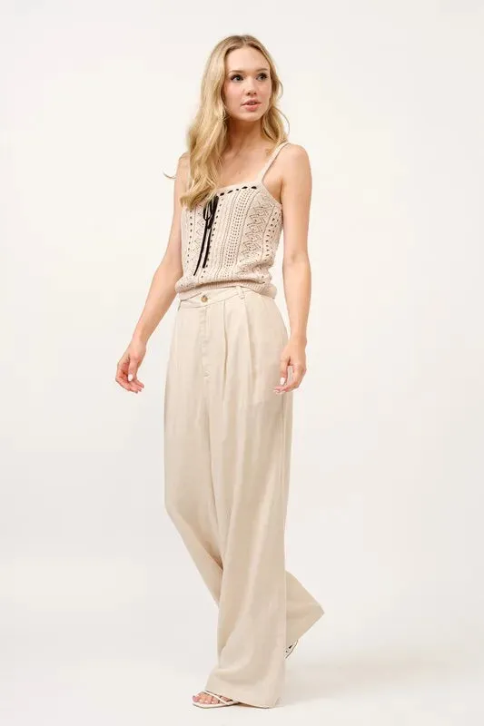 High-Rise Wide Leg Linen Blended Pants For Women – Elegant Fluttering Relaxed Fit Lightweight Comfortable Pants With Pockets For Breezy Summer Outfits