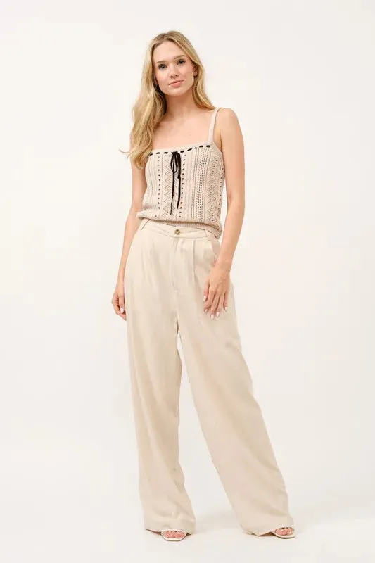 High-Rise Wide Leg Linen Blended Pants For Women – Elegant Fluttering Relaxed Fit Lightweight Comfortable Pants With Pockets For Breezy Summer Outfits