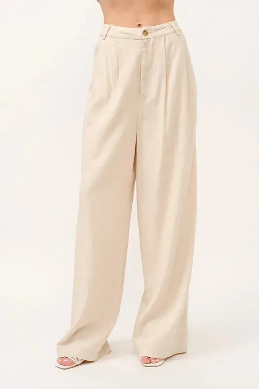 High-Rise Wide Leg Linen Blended Pants For Women – Elegant Fluttering Relaxed Fit Lightweight Comfortable Pants With Pockets For Breezy Summer Outfits