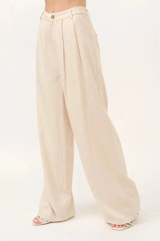 High-Rise Wide Leg Linen Blended Pants For Women – Elegant Fluttering Relaxed Fit Lightweight Comfortable Pants With Pockets For Breezy Summer Outfits