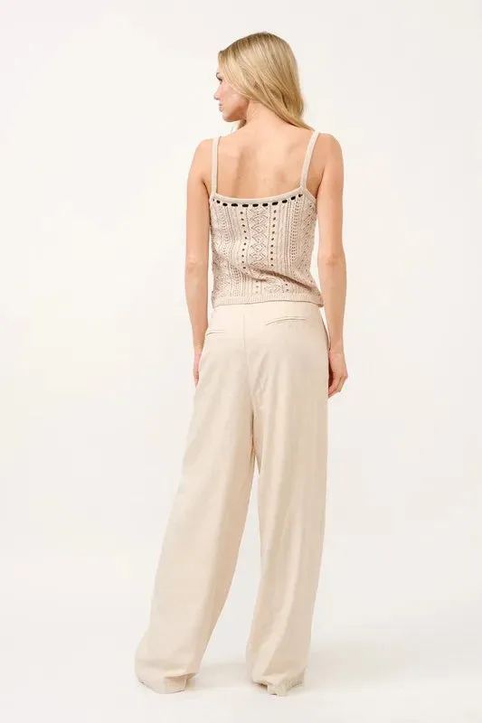 High-Rise Wide Leg Linen Blended Pants For Women – Elegant Fluttering Relaxed Fit Lightweight Comfortable Pants With Pockets For Breezy Summer Outfits