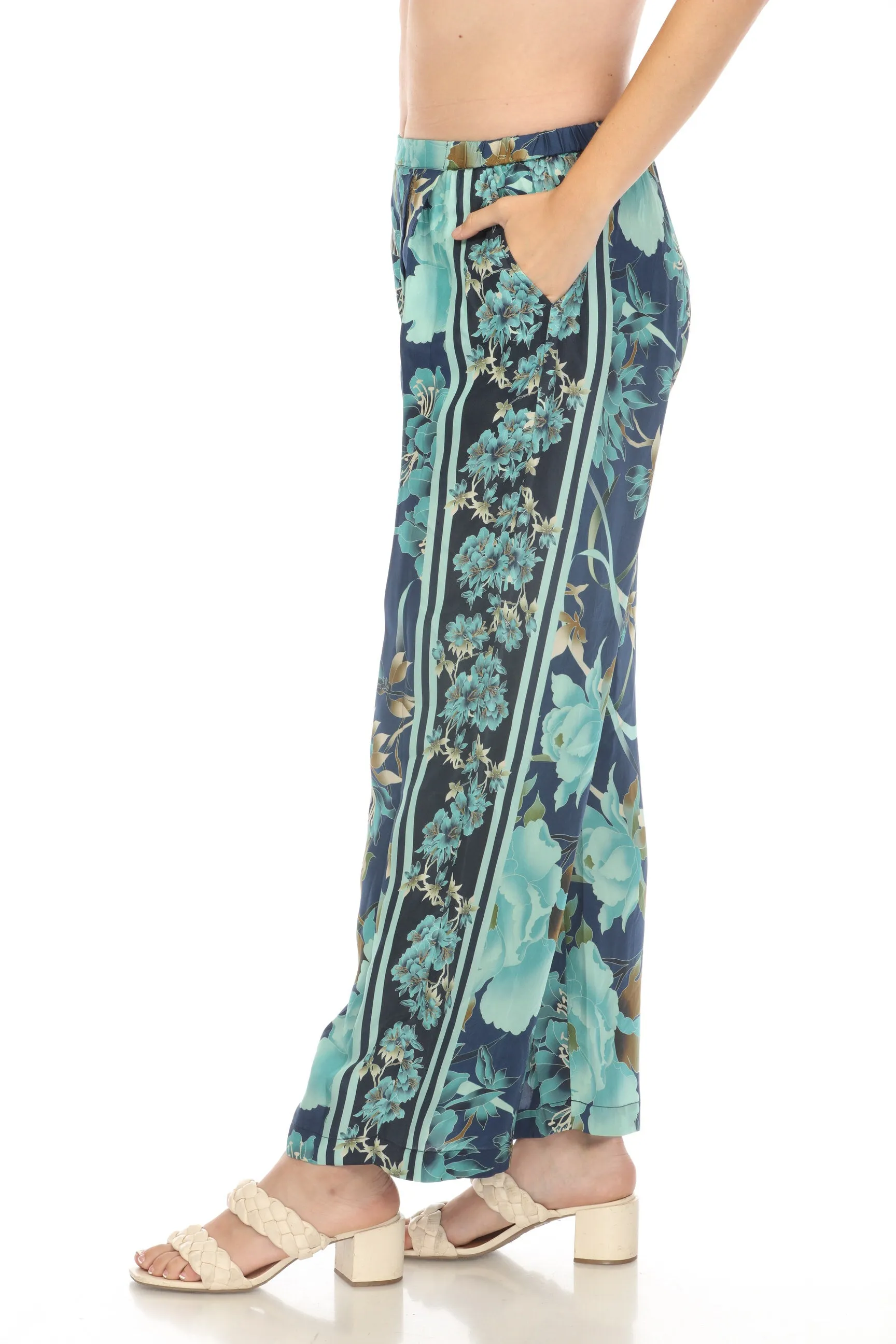 Johnny Was Blue Terri Pleated Floral Pants Boho Chic C64224B7