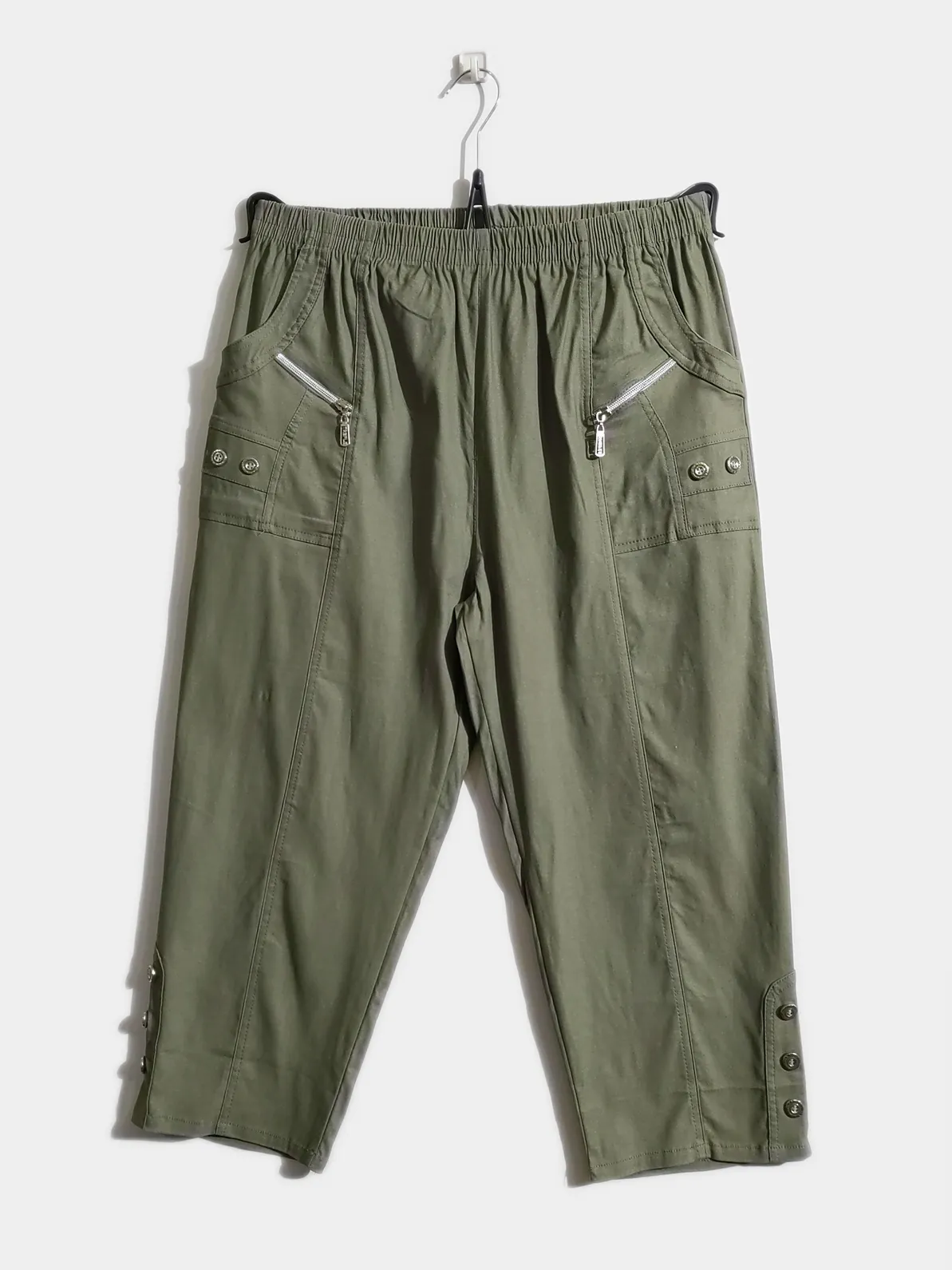 Khaki Cotton Stretch Elasticated Waist Cropped Trouser