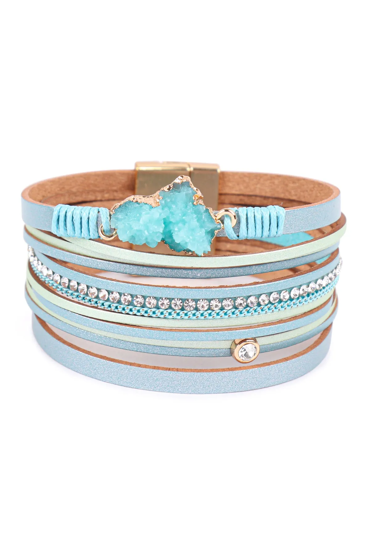 LEATHER WRAP DRUZY HEART MAGNETIC LOCK BRACELET