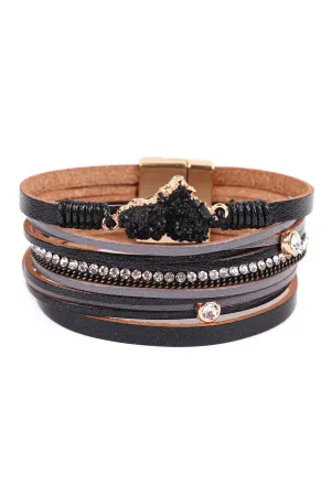 LEATHER WRAP DRUZY HEART MAGNETIC LOCK BRACELET