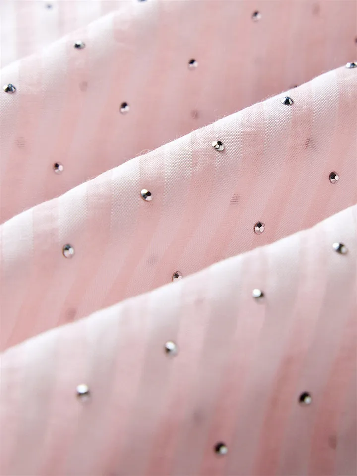 Light Pink Stripe Rhinestone Cozy Tencel Shirt for Women