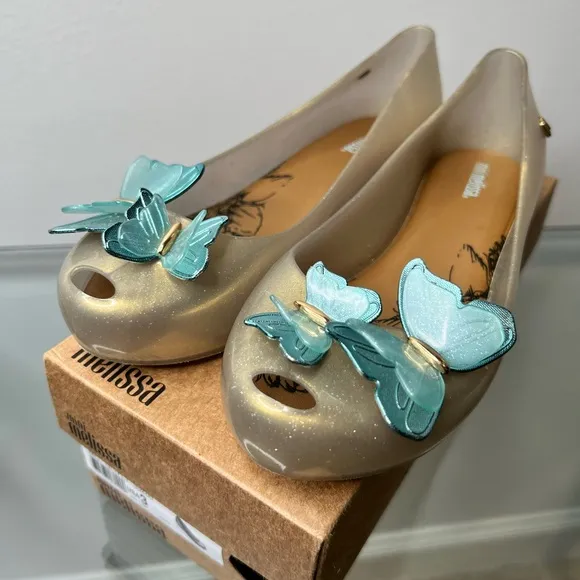 Mini Melissa | Beige &amp; Green Glitter Butterfly Ultragirl Flat - Girls