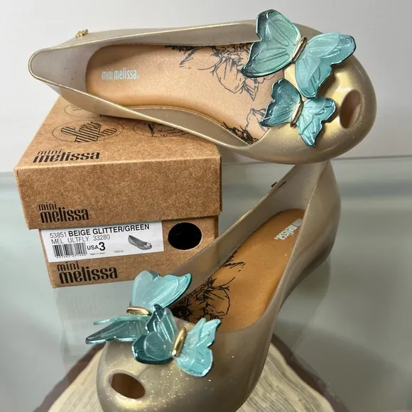 Mini Melissa | Beige &amp; Green Glitter Butterfly Ultragirl Flat - Girls