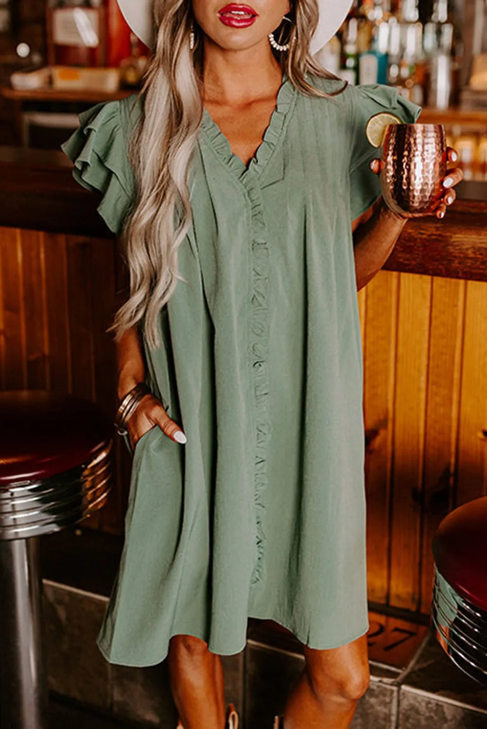Mist Green Ruffled Sleeve V-Neck Frilled Shift Dress