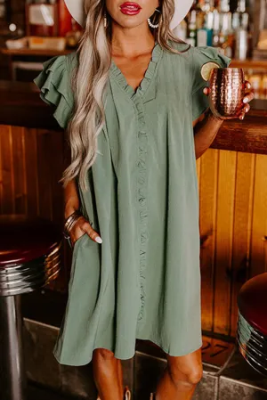 Mist Green Ruffled Sleeve V-Neck Frilled Shift Dress