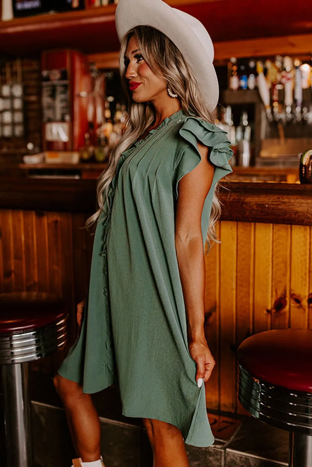 Mist Green Ruffled Sleeve V-Neck Frilled Shift Dress