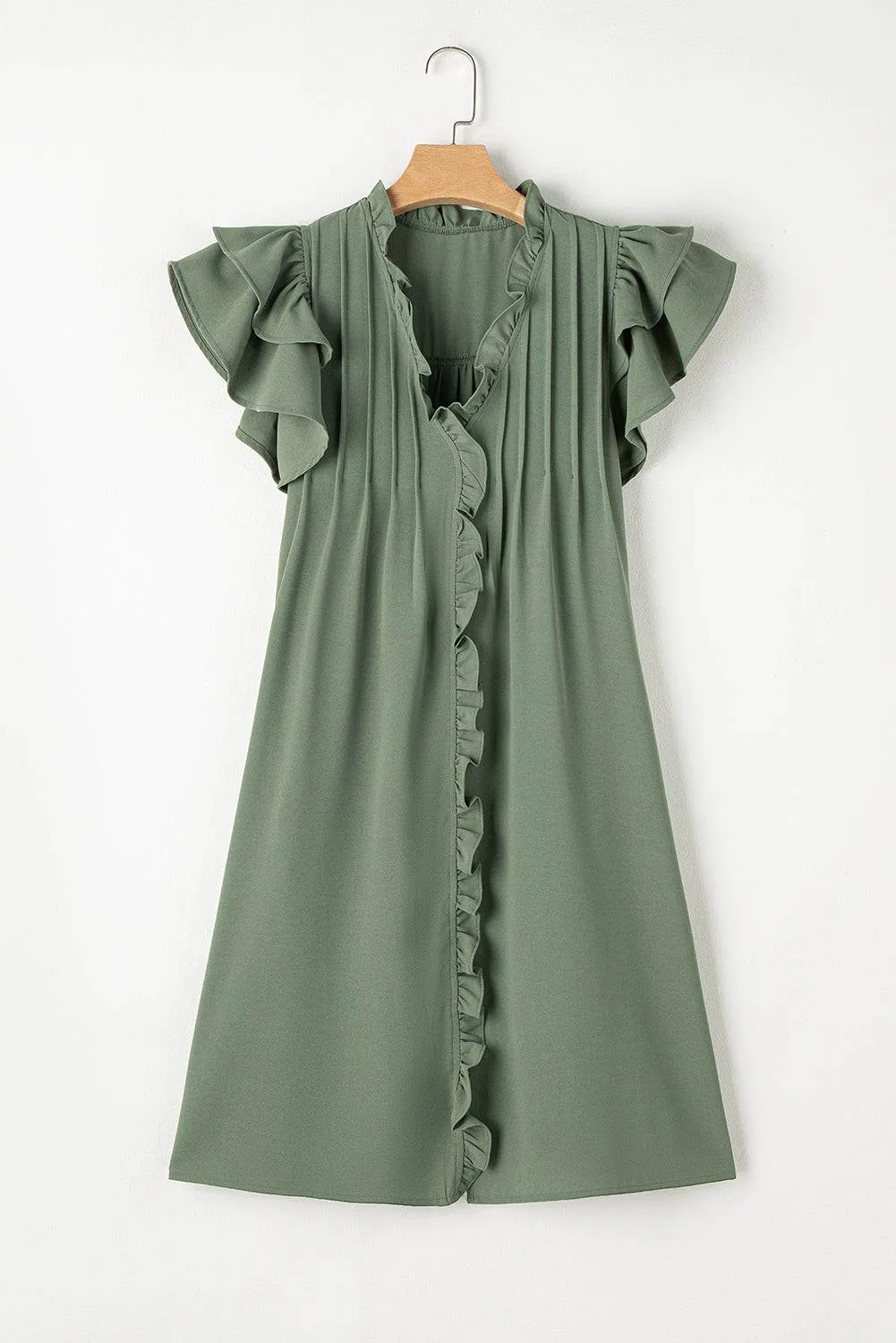 Mist Green Ruffled Sleeve V-Neck Frilled Shift Dress