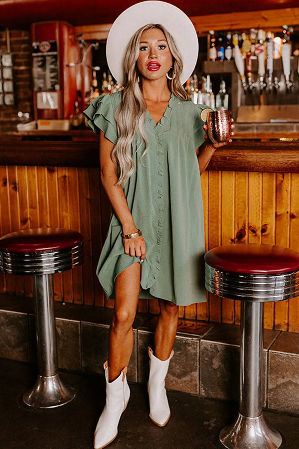 Mist Green Ruffled Sleeve V-Neck Frilled Shift Dress