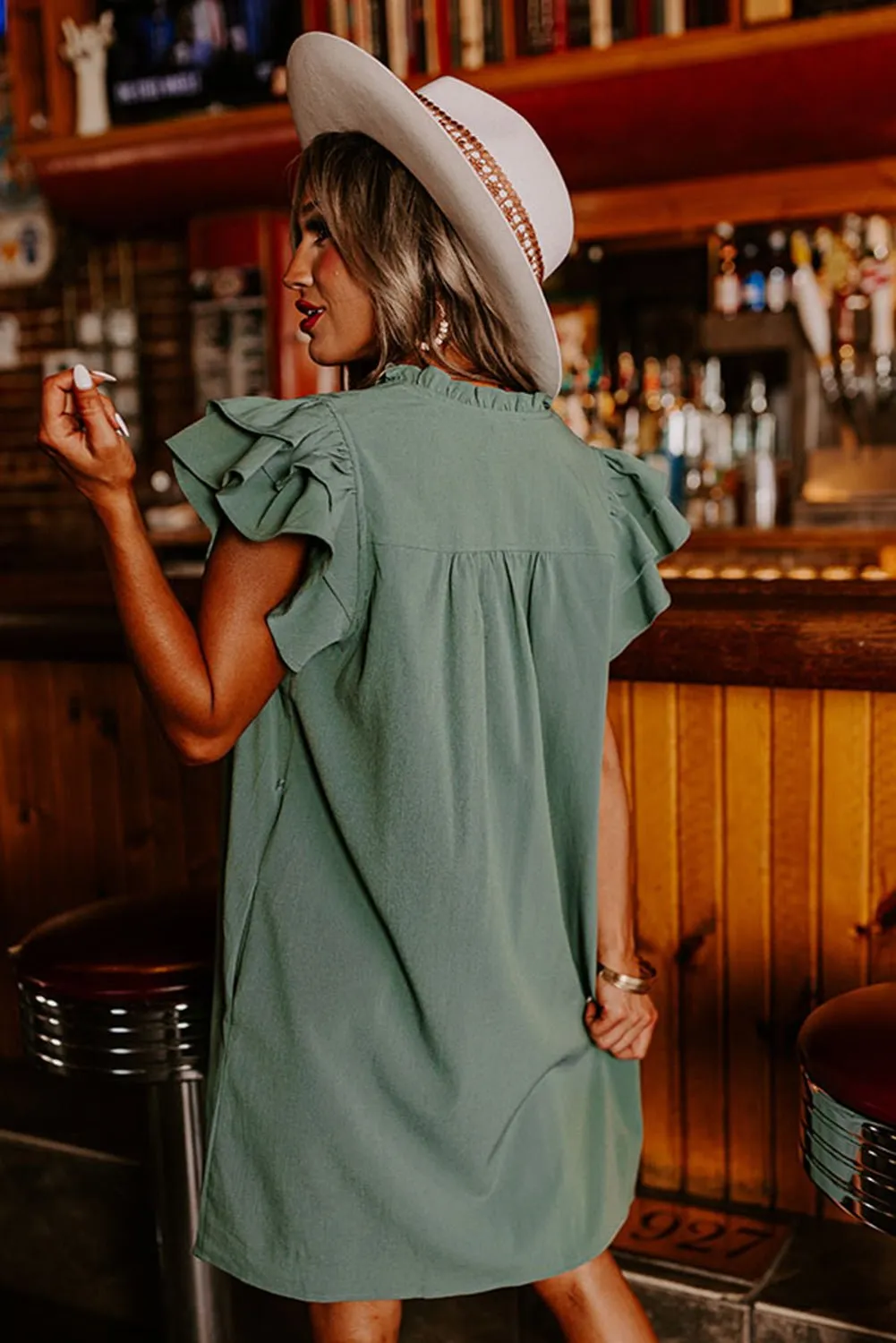 Mist Green Ruffled Sleeve V-Neck Frilled Shift Dress