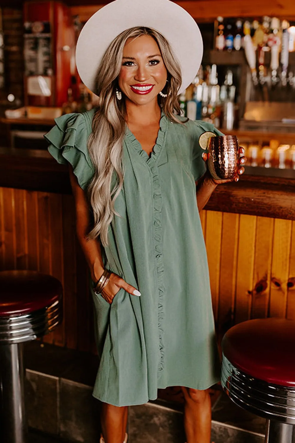 Mist Green Ruffled Sleeve V-Neck Frilled Shift Dress
