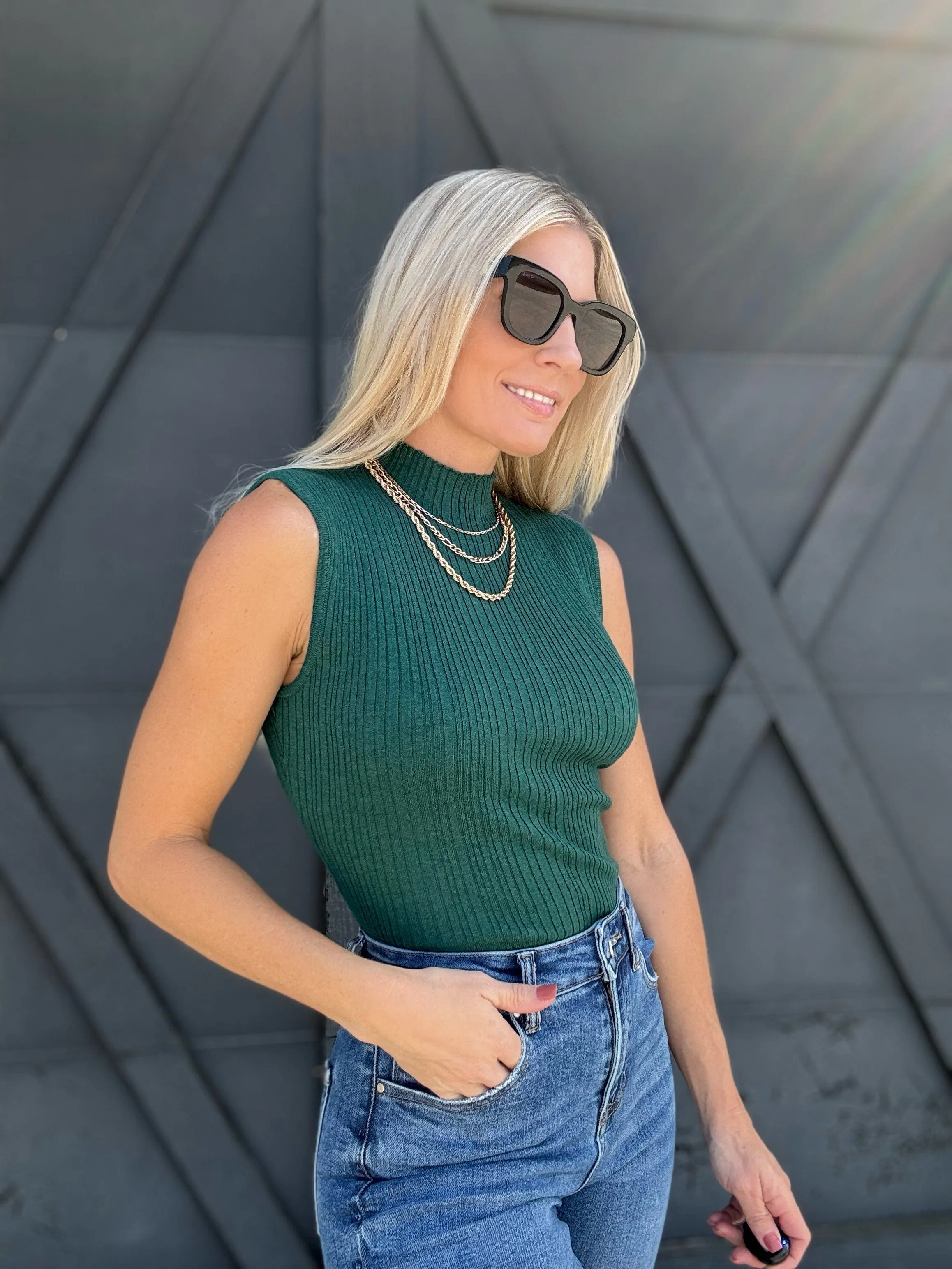 Mock Neck Sleeveless Sweater Knit Top In Dark Green