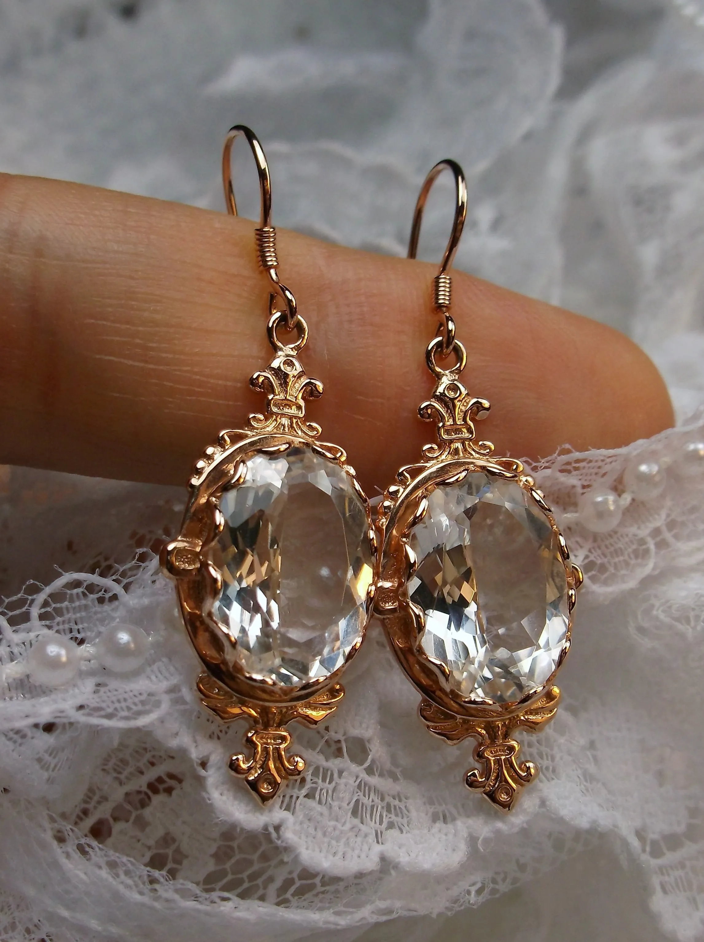 Natural White Topaz Earrings, Rose Gold-plate, Stylish Victorian Jewelry #E18