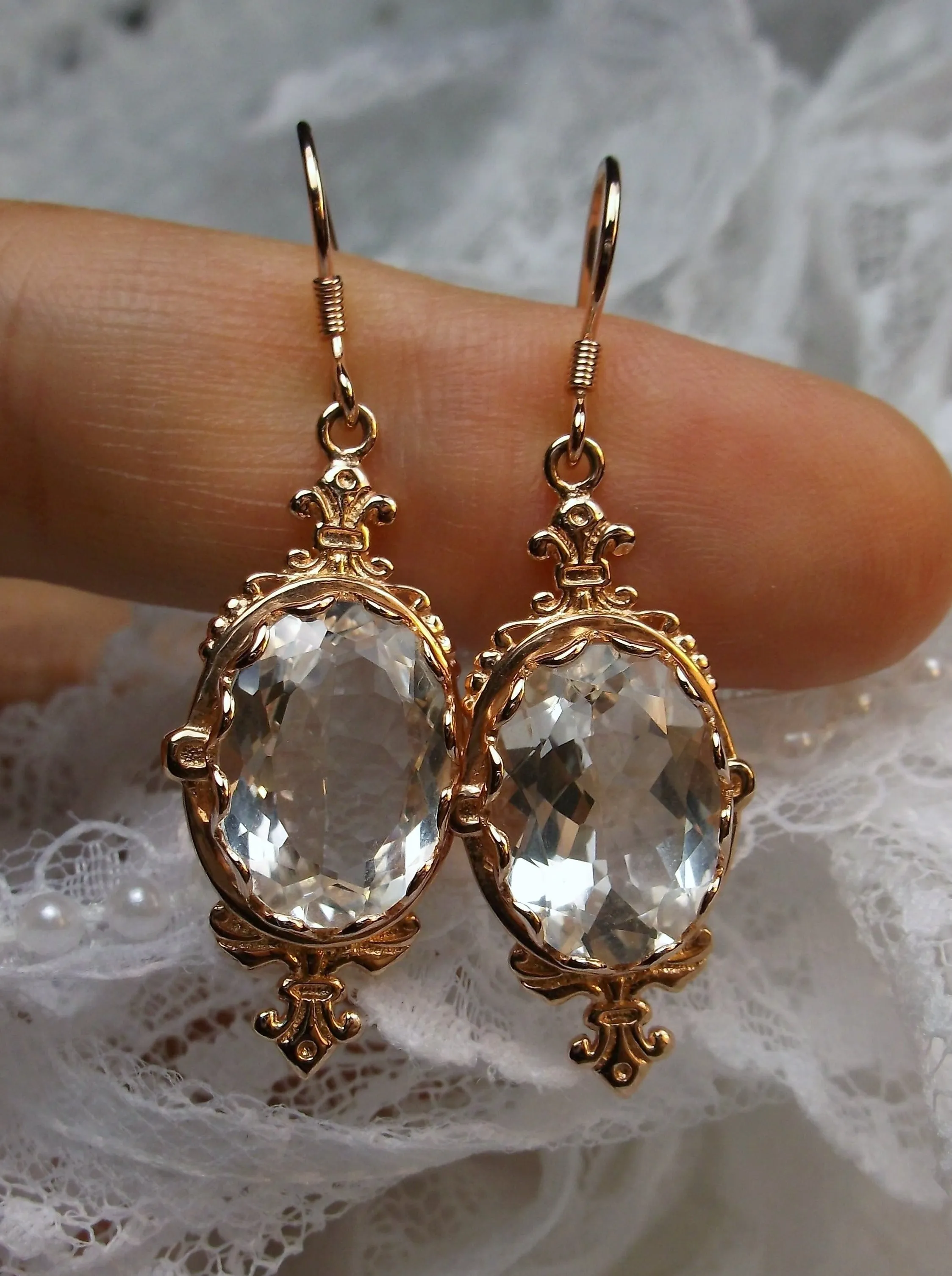 Natural White Topaz Earrings, Rose Gold-plate, Stylish Victorian Jewelry #E18