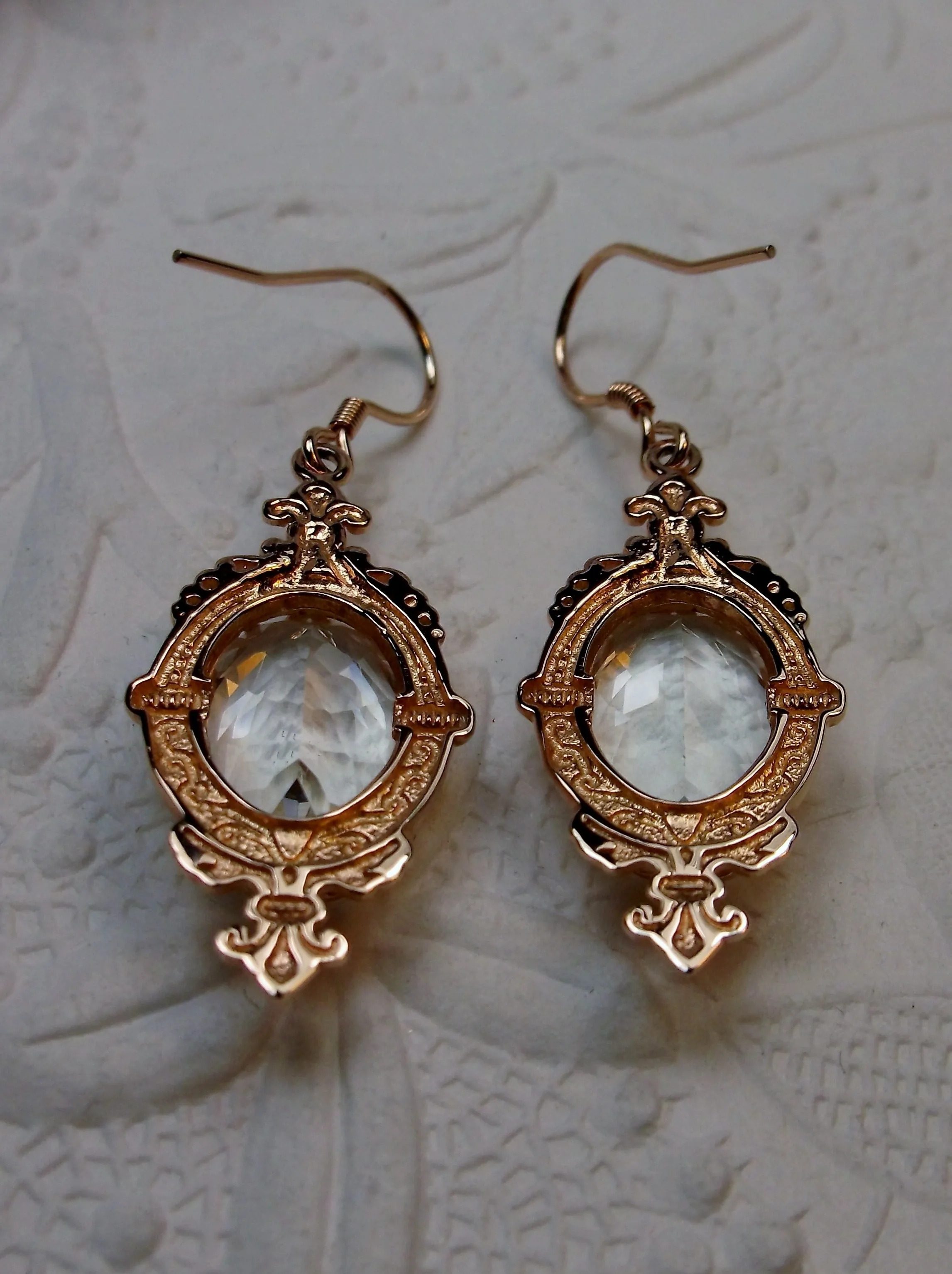 Natural White Topaz Earrings, Rose Gold-plate, Stylish Victorian Jewelry #E18