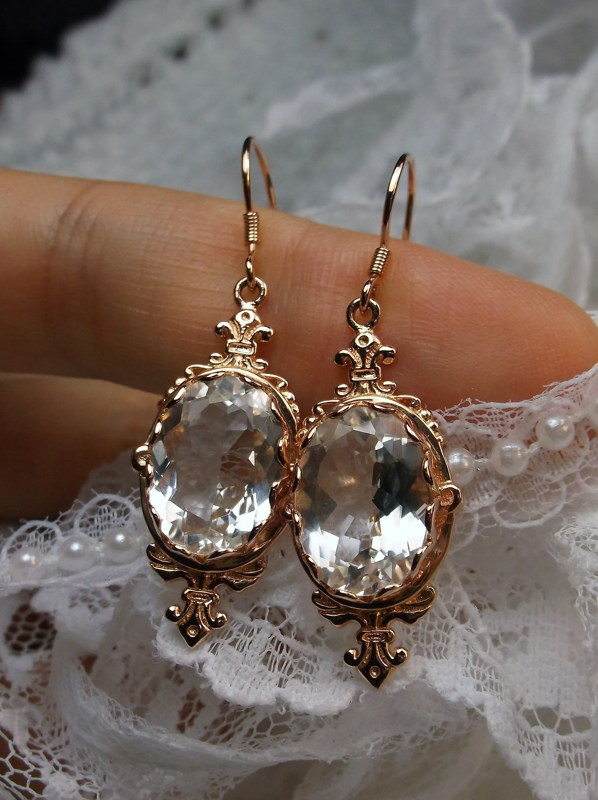 Natural White Topaz Earrings, Rose Gold-plate, Stylish Victorian Jewelry #E18