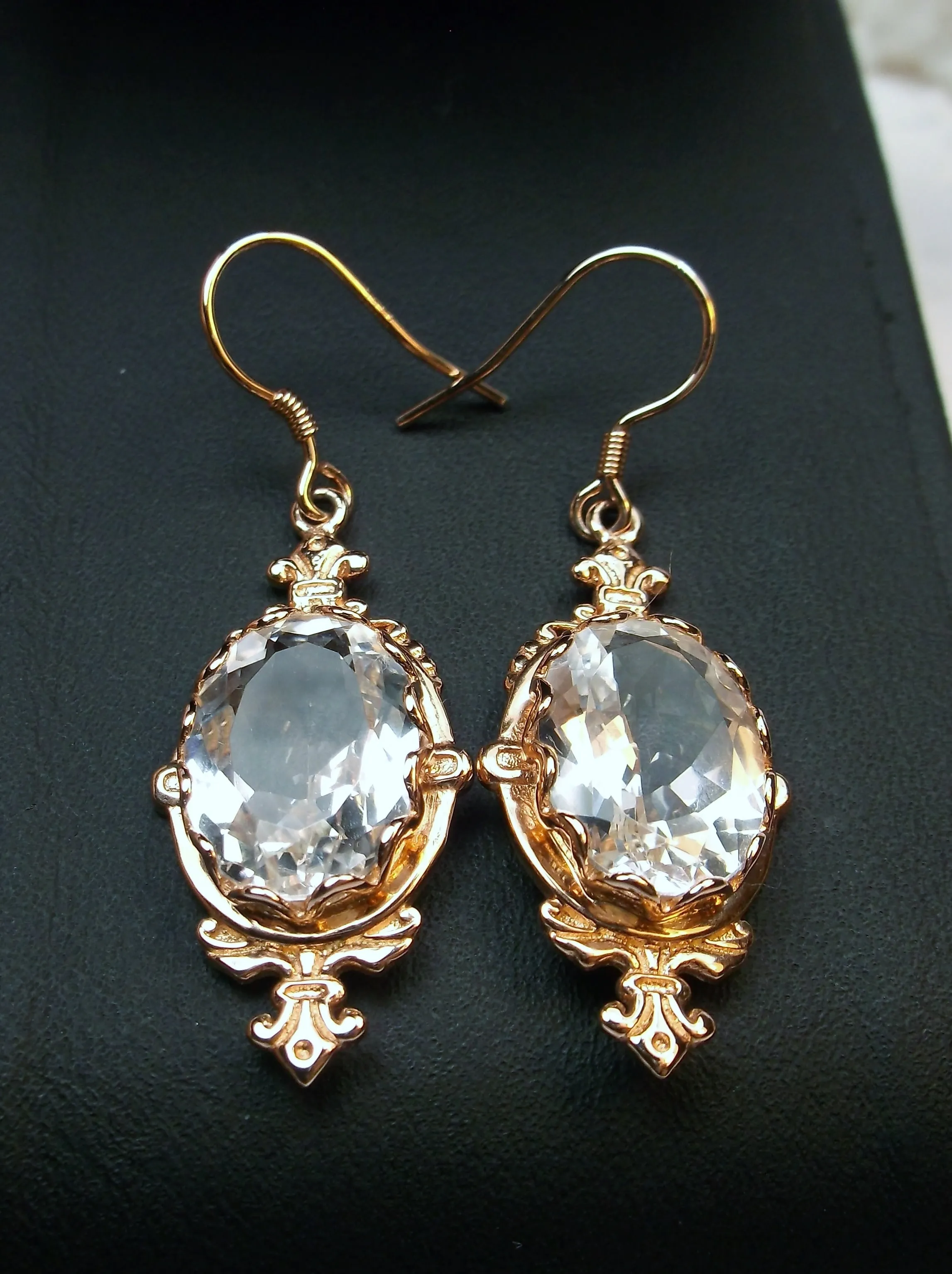 Natural White Topaz Earrings, Rose Gold-plate, Stylish Victorian Jewelry #E18