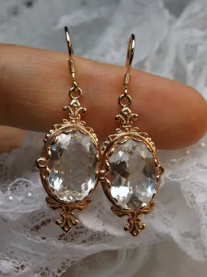 Natural White Topaz Earrings, Rose Gold-plate, Stylish Victorian Jewelry #E18