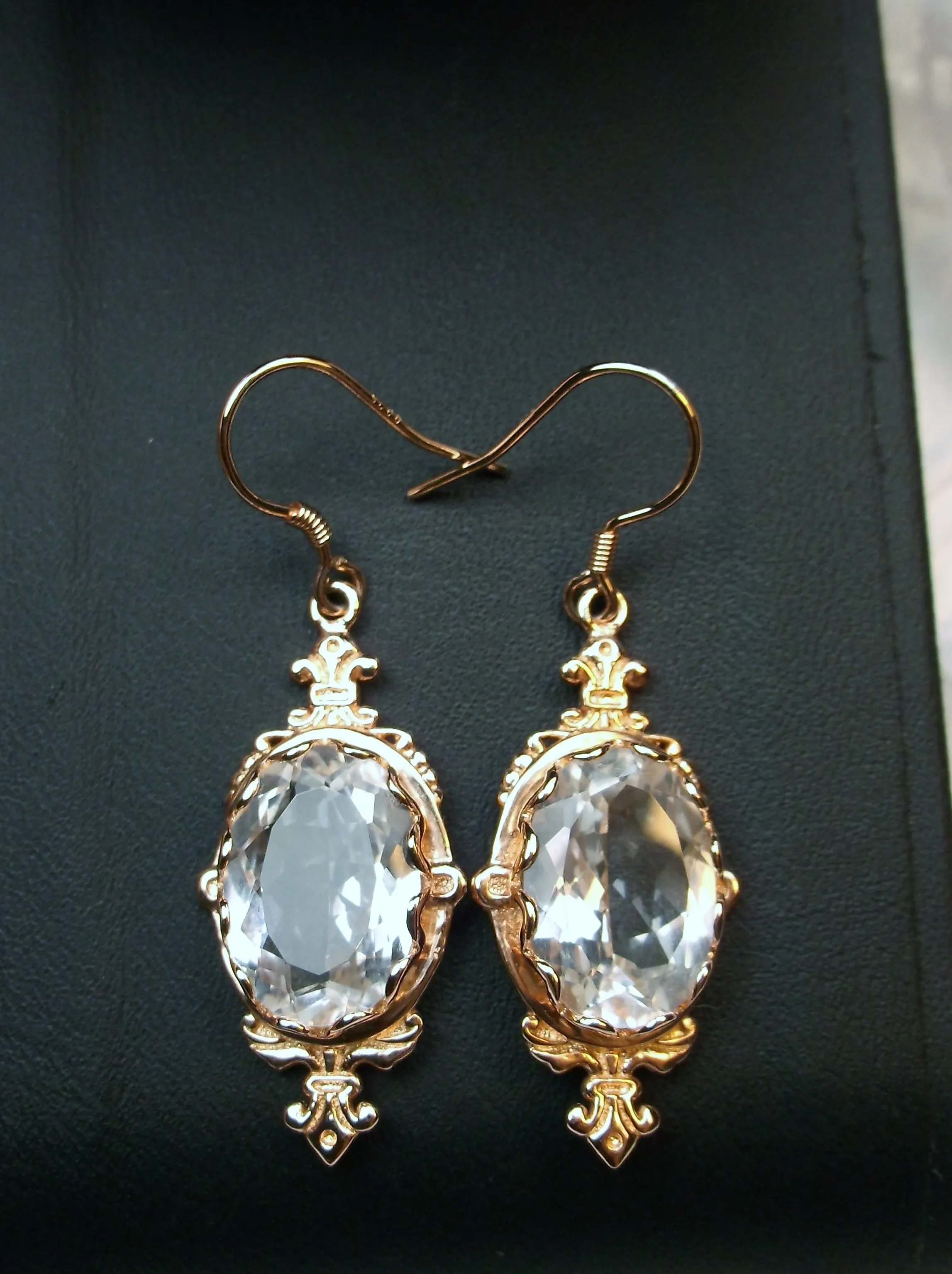 Natural White Topaz Earrings, Rose Gold-plate, Stylish Victorian Jewelry #E18