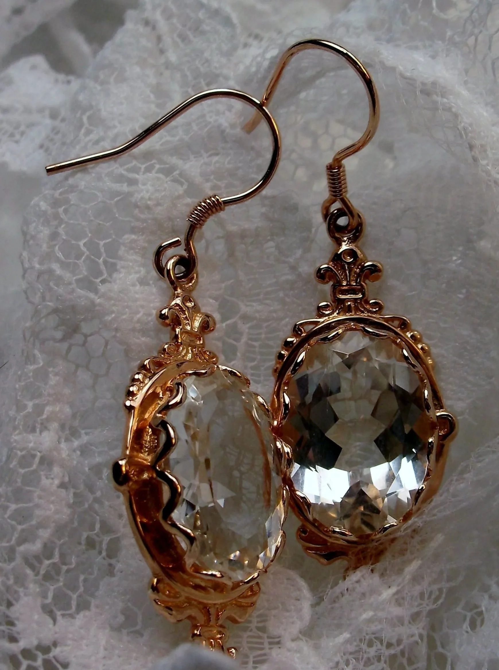Natural White Topaz Earrings, Rose Gold-plate, Stylish Victorian Jewelry #E18