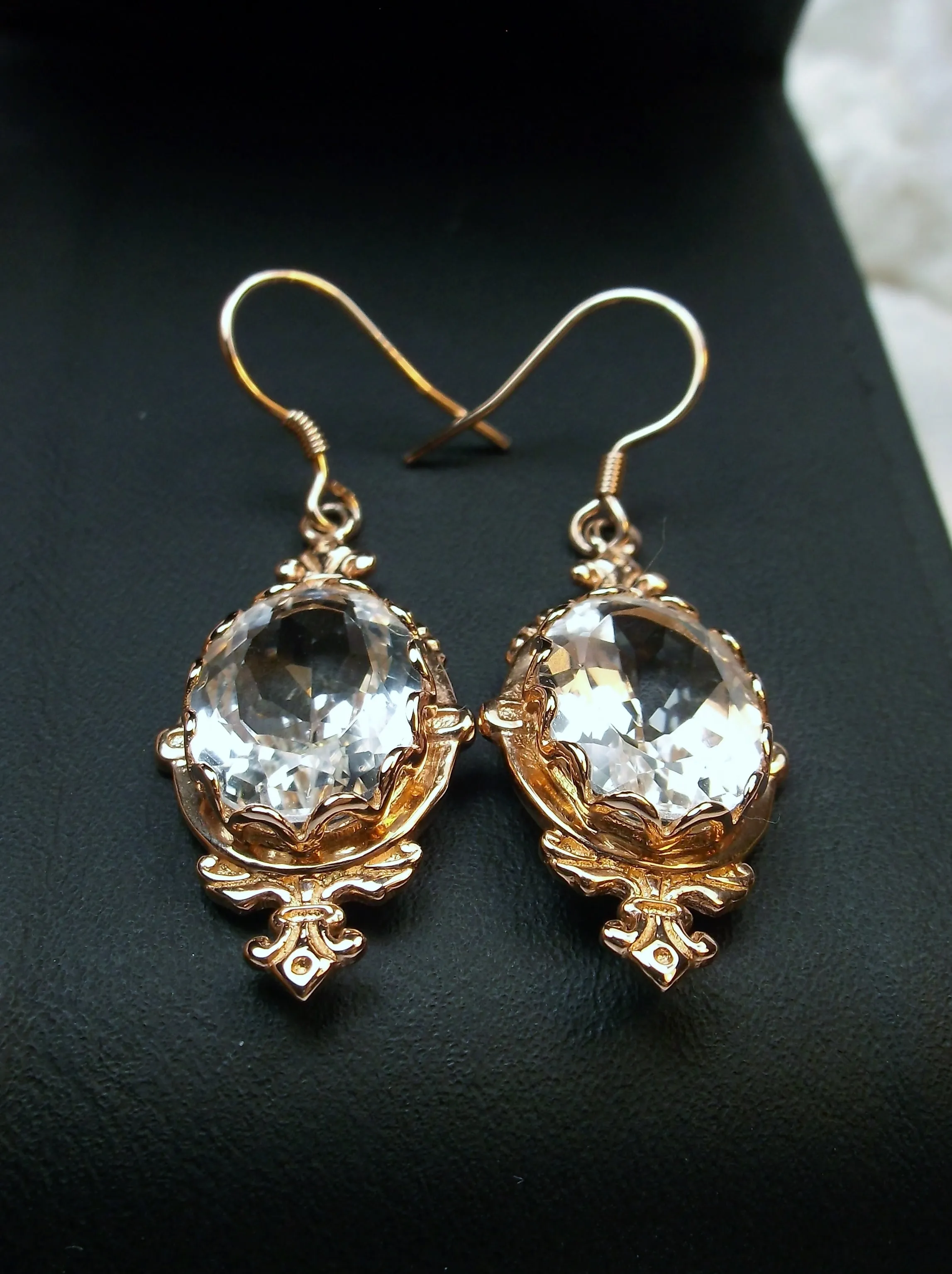 Natural White Topaz Earrings, Rose Gold-plate, Stylish Victorian Jewelry #E18